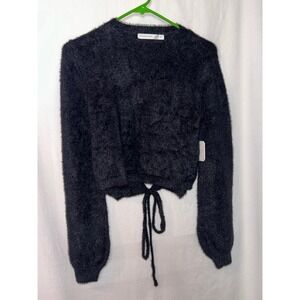 Altar'd State Fuzzy Tie Front Crop Top Sweater Black‎ Long Sleeve Medium